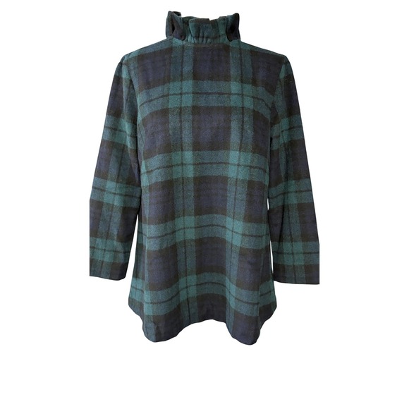 Tuckernuck Tops - Tuckernuck Blouse Womens M Green Plaid Ruffle High Neck 3/4 Sleeve Top
